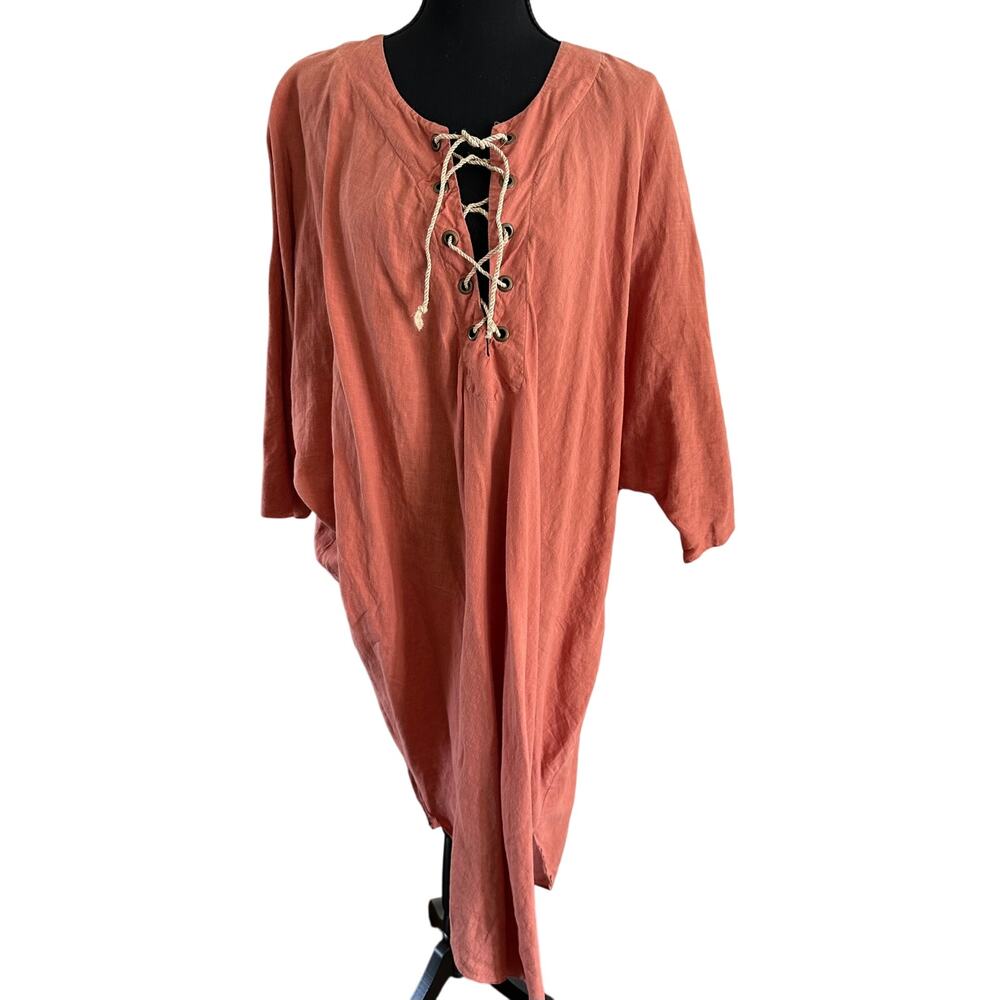 MES DEMOISELLES  Linen Tunic Dress with V-Neck Tie - OS